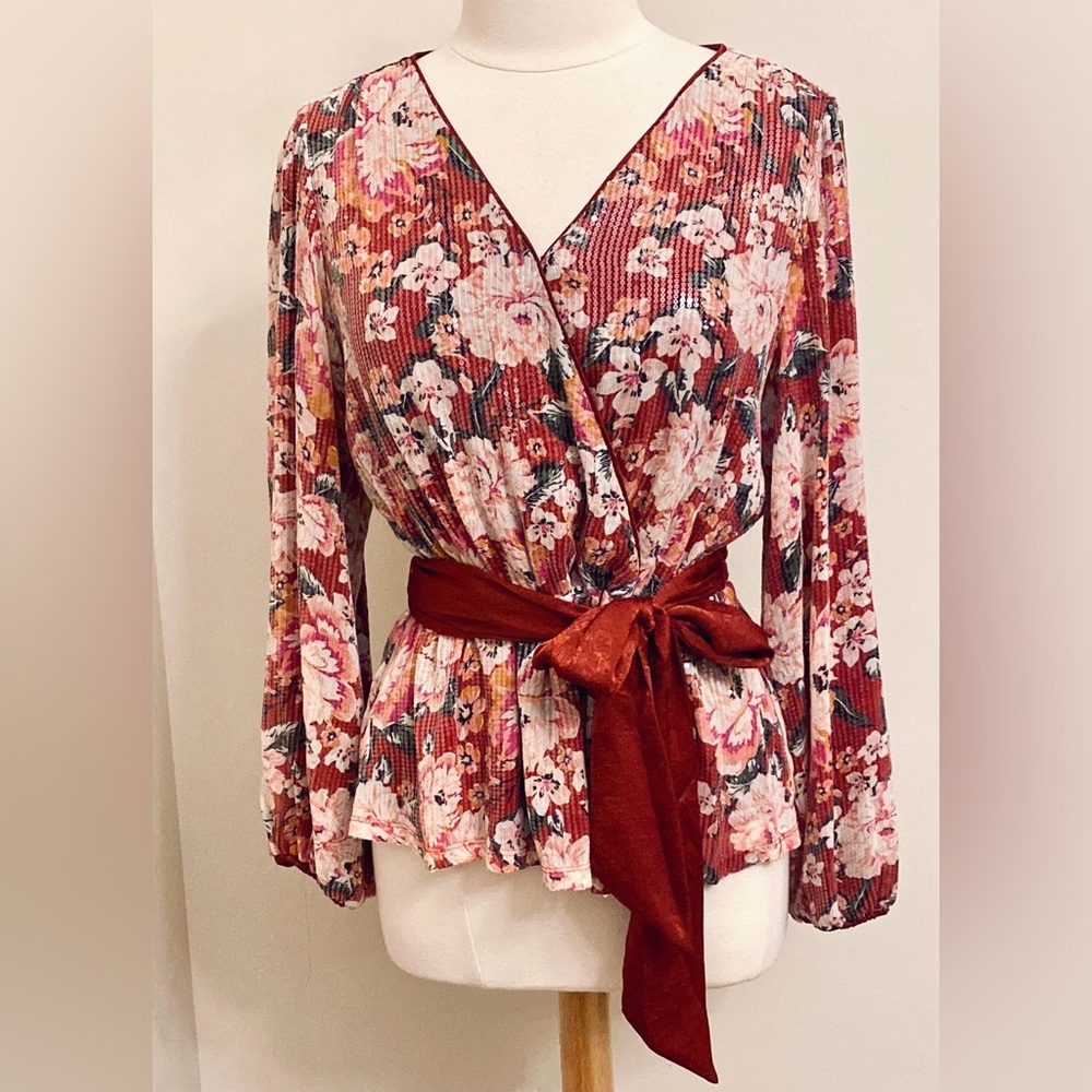 LC Lauren Conrad Burgundy Pink M Cottagecore Romantic Boho Sequined Peplum Top
